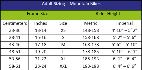 Mountain Bicycle Size Chart